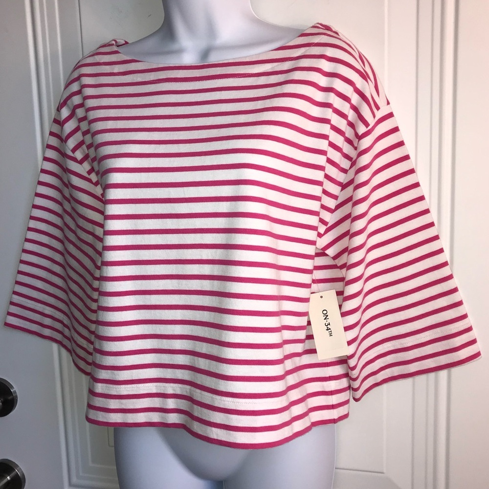 On 34th Women’s XS Cotton Fuchsia Pink Stripe boat neck wide 3/4 sleeve top NWT - Picture 5 of 13